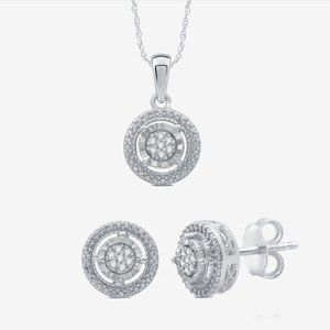 NIB STERLING SILVER DIAMOND PENDANT NECKLACE & EARRING SET (ROUND)